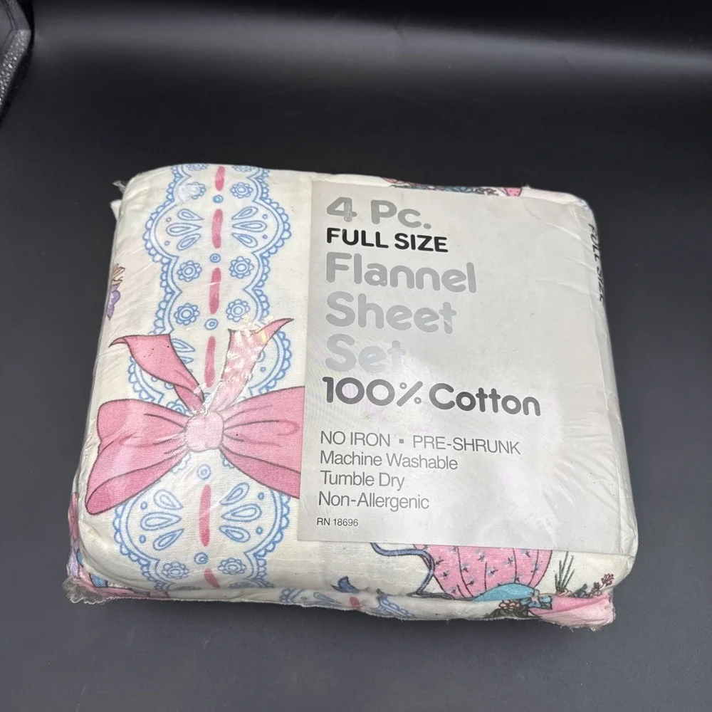New Old Stock Flannel Sheet Set Little Girl Bows Cottagecore Full Size Vintage
